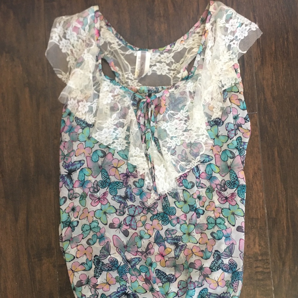 Beautiful Butterfly and lace sheer blouse SzSm